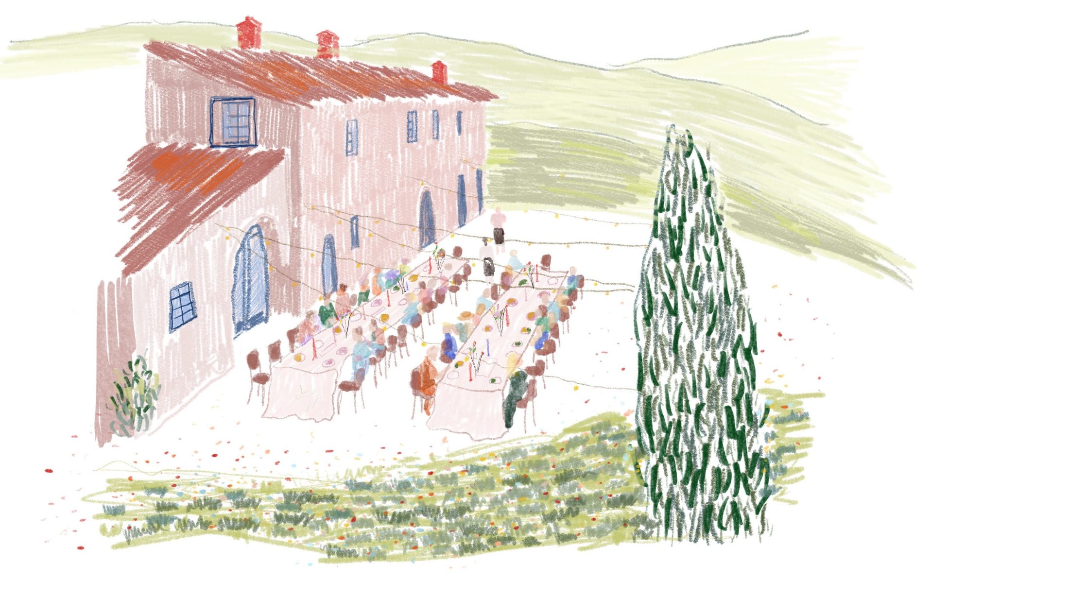 Hand-drawn illustration of a long dinner table beside a farmhouse
