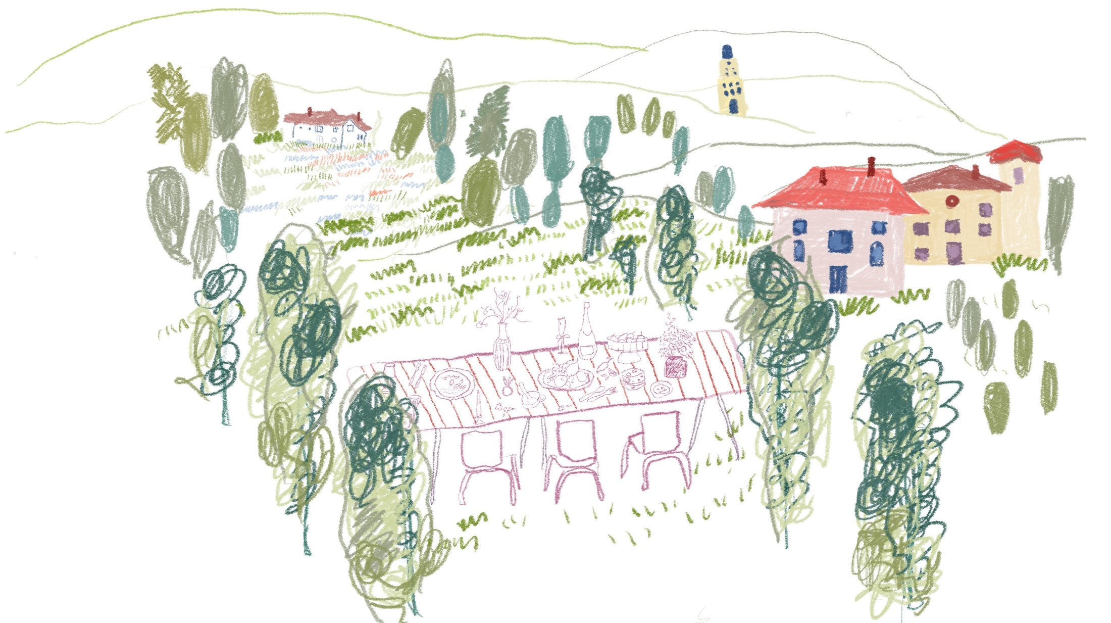 Hand-drawn illustration of a set table among trees and hills